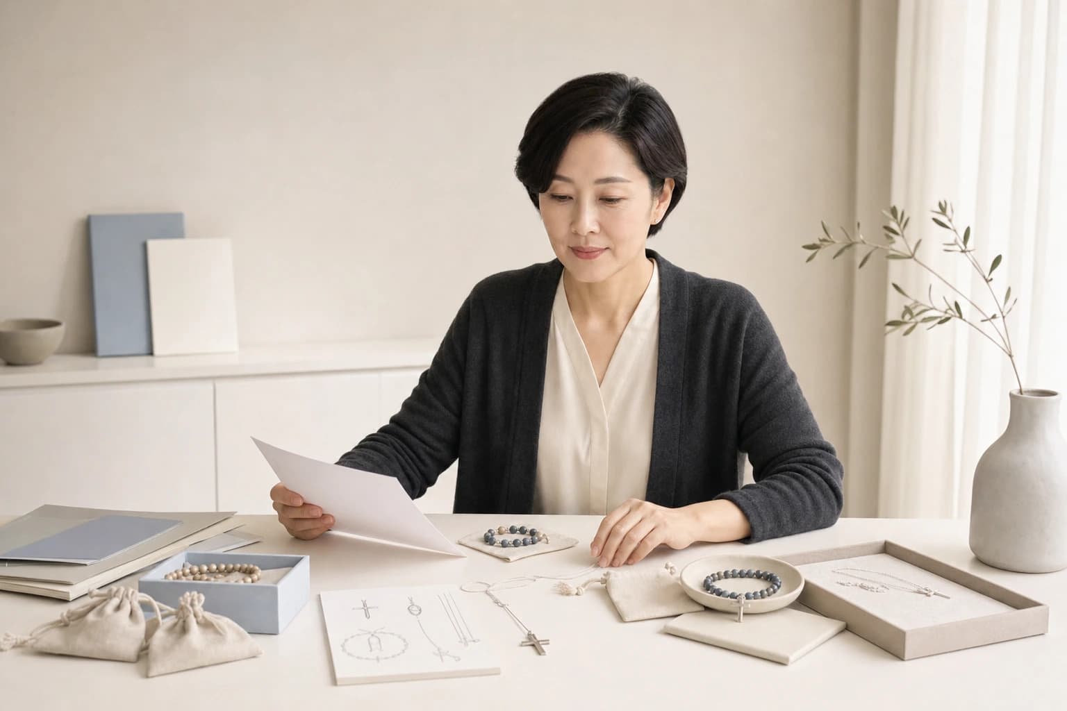 아기돌풍 moriah 사업자 정보와 크리스찬 악세사리 운영 무드를 담은 책상 이미지