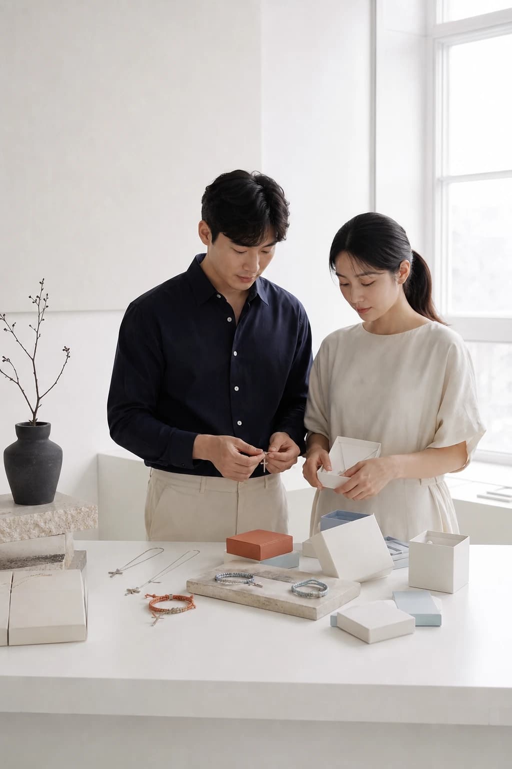 moriah 협업 파트너가 패키지 샘플을 함께 검토하는 장면