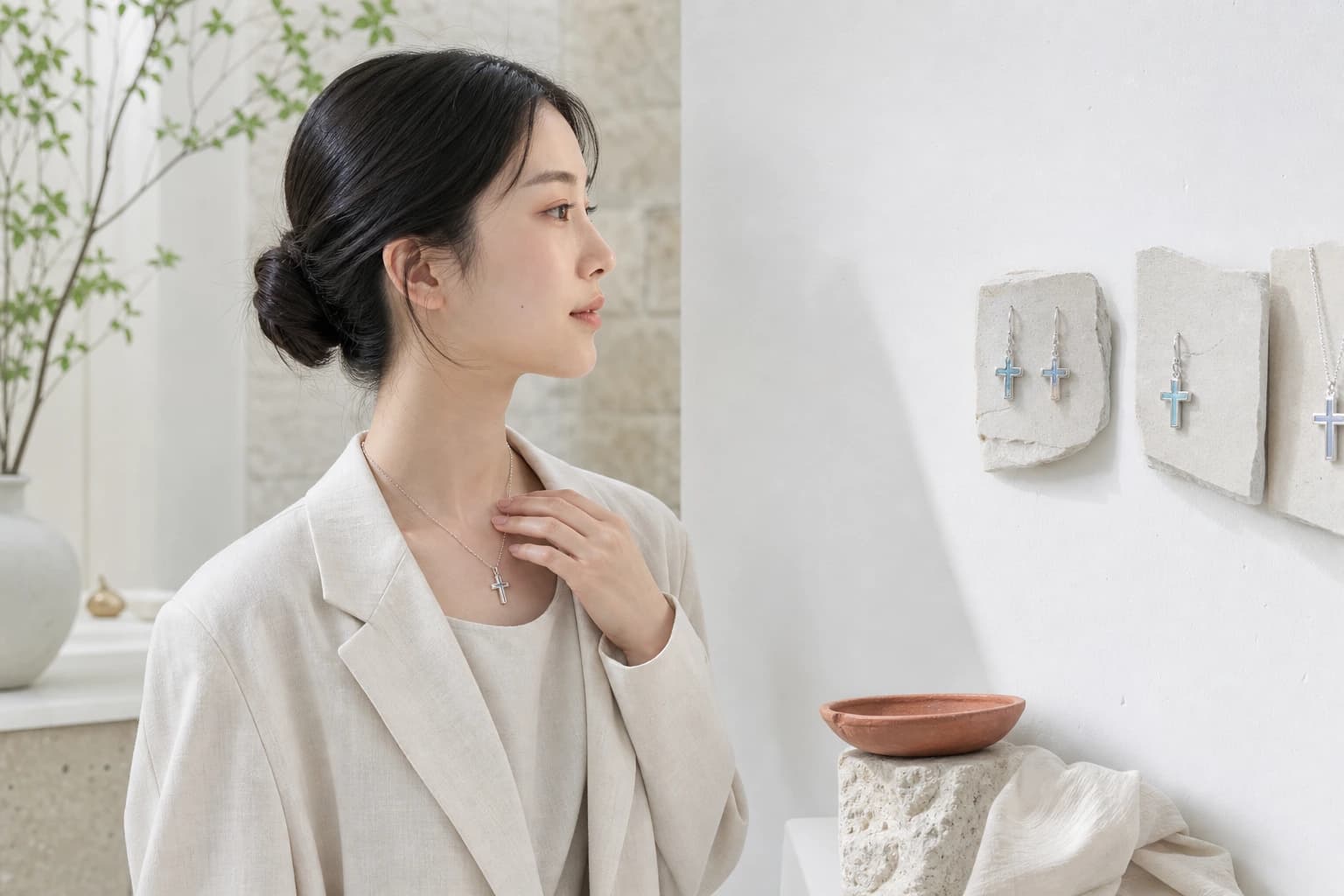 moriah 새 십자가 목걸이를 착용해보는 방문자